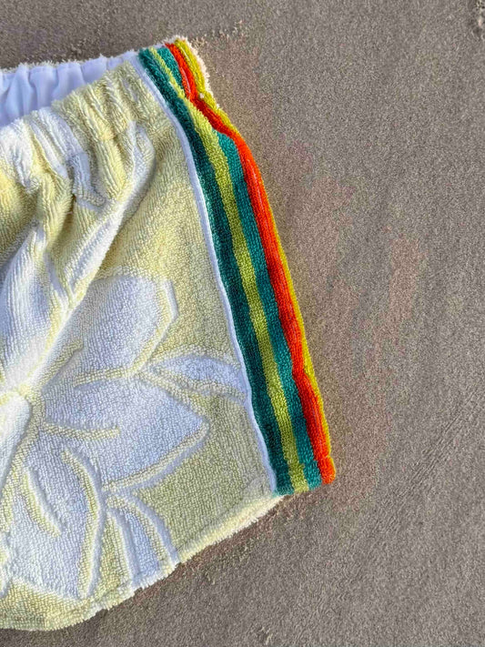 Orana redefining upcycling — one-of-a-kind reworked shorts, handmade in Byron Bay, Australia, from reclaimed vintage towels and textiles, inspired by nostalgic summer holiday memories, for a conscious and sustainable future